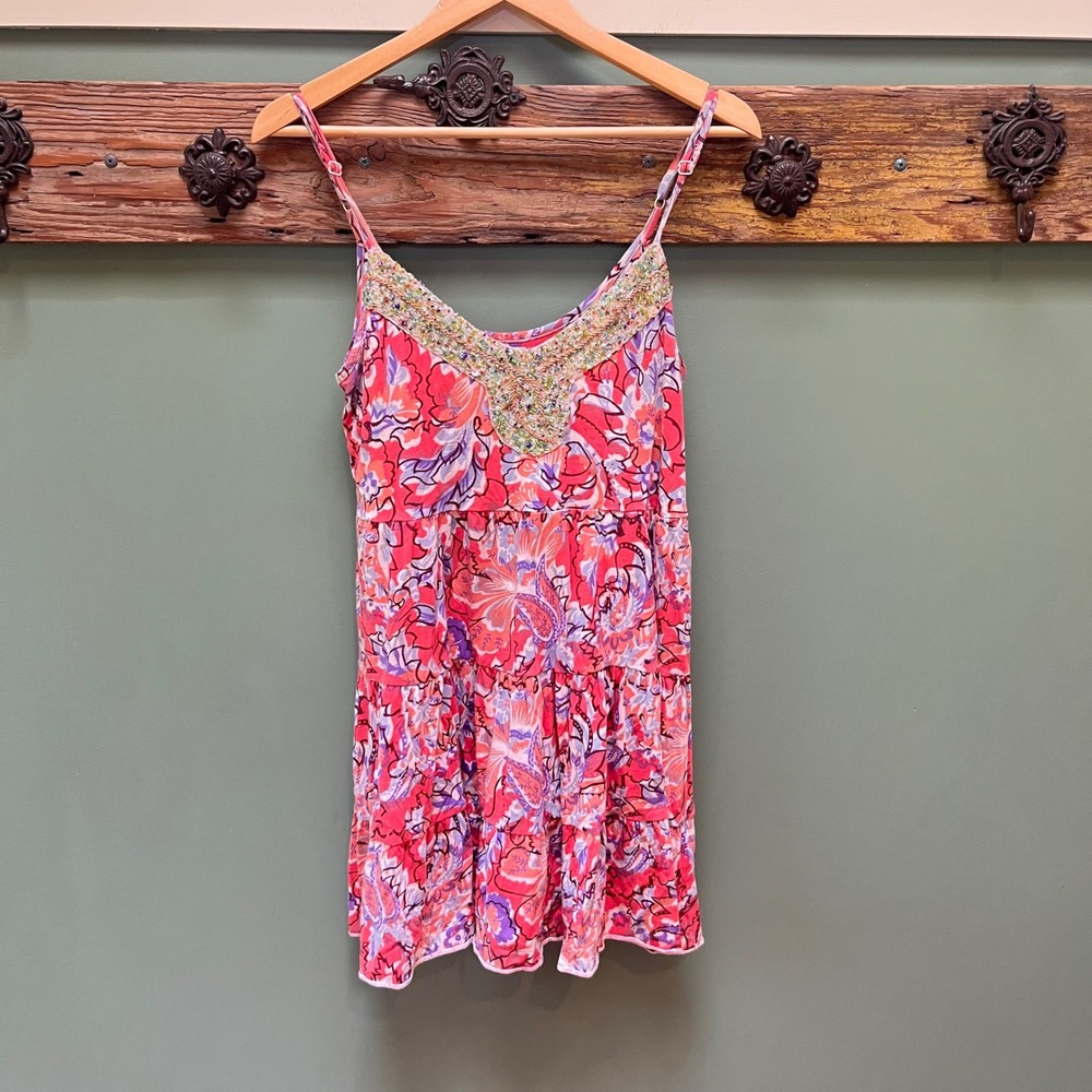 Free People Beaded V-Neck Floral Paisley Tiered Cotton Mini Dress Coral Small
